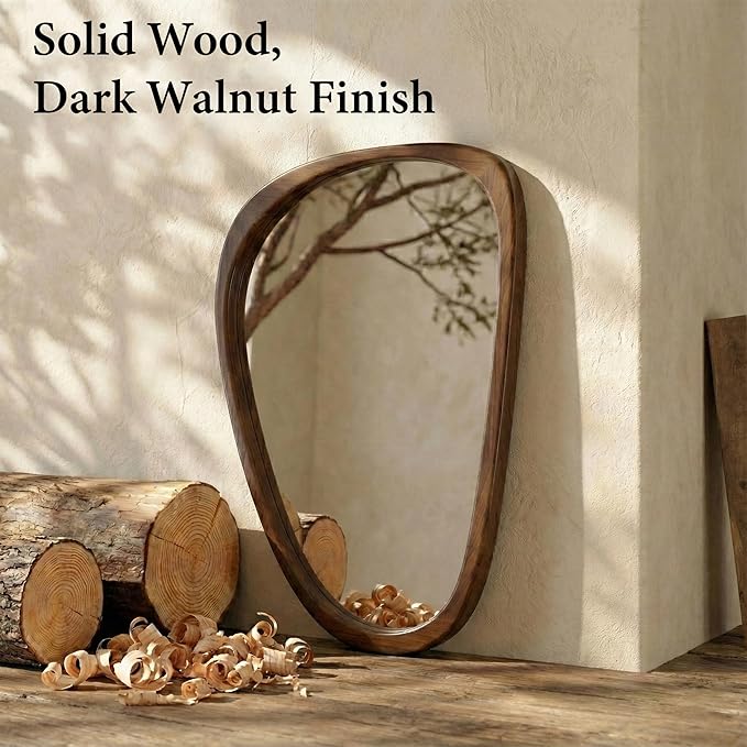 Irregular Asymmetrical Wall Mirror 36"×24" with Solid Wood Frame, Sculptural Mid-Century Modern Decorative Wall Mirror for Living Room & Entryway