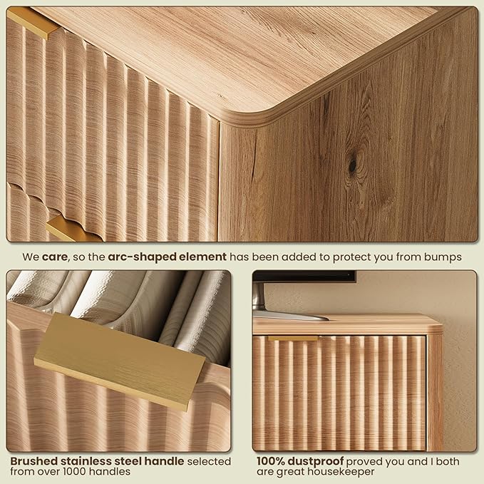 54'' Wide 7 Drawers Dresser for Bedroom,Modern Fluted Vertical Chest with Rounded Corners,Fluted Dresser for Living Room,Hallway, Natural Wood