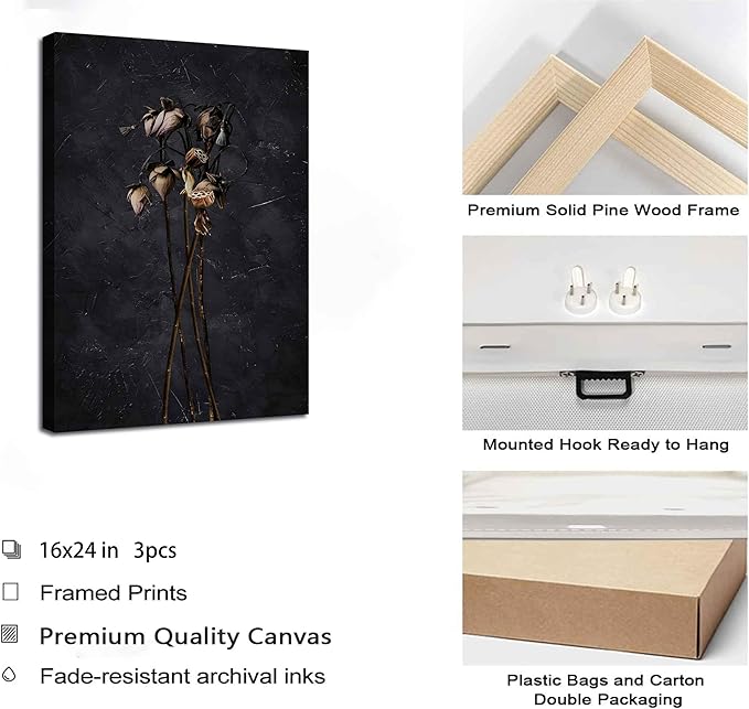 3Pcs Dark Floral Canvas wall art Moody Dried Wildflower Posters Pictures Nature Wilderness Botanical Paintings Abstract Prints for Living Room Bedroom Office Modern Farmhouse Wall Decor Framed