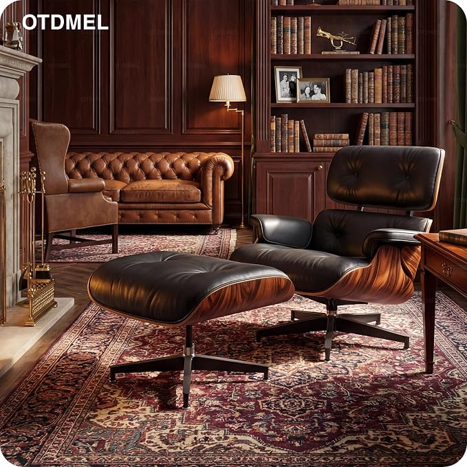 Luxury Top Black Grain Leather Mid Century Chaise Lounge Chair with Ottoman, Premium Handcrafted Rosewood, Ergonomic Modern Accent Chair for Living Room Office