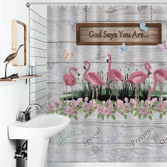 Flamingo Shower Curtain,Summer Beach Tropical Leaves Butterflys Floral with Inspirational Quotes Waterproof Shower Curtains for Bathroom Decor 12 Pack Hooks 66x72in（168x183cm）