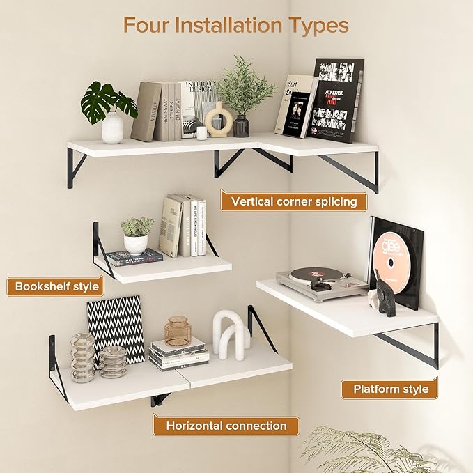 Deep Floating Shelves Wall Mounted, 16"x12" White Wall Shelves with Brackets Set of 2 for Bedroom, Living Room, Bathroom, Kitchen, Office - Storage & Display Shelf for Decor, Books, Plants
