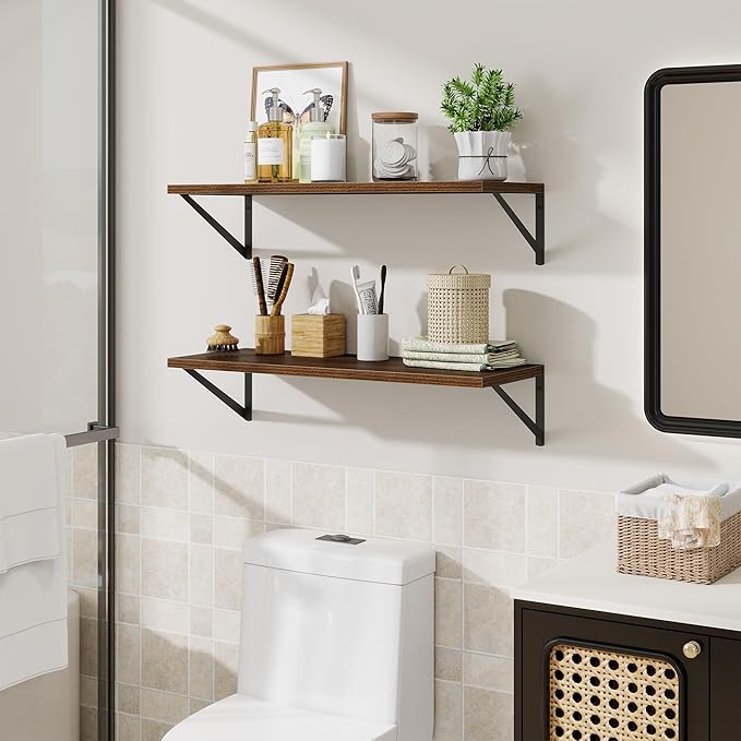Deep Floating Shelves for Wall,30" Wx10 D Wood Floating Shelf Set of 2,Sturdy Metal Bracket Wide Display & Storage,Wall Mounted Hanging Floating Shelves for Living Room,Bedroom,Kitchen,Walnut