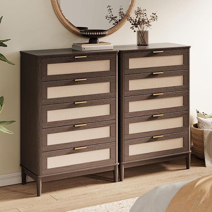 LINSY HOME Rattan Dresser with 5 Deep Drawers, 46" Tall Chest of Drawers, Mid Century Modern Wood Dresser, Large Boho Storage Cabinet for Bedroom with Metal Handle and Durable Legs, Walnut