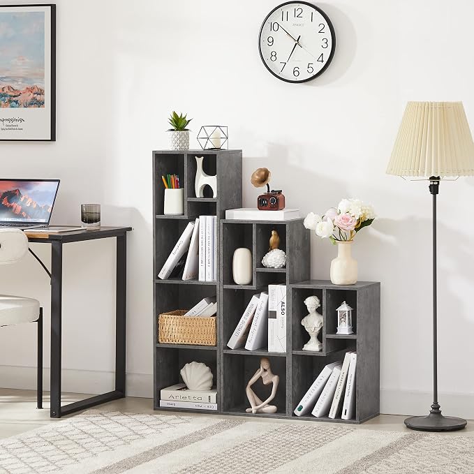VECELO 4-Tier Bookcase, Modern Storage Cabinet with Height Difference Shelves for Standard Textbooks, 5 Cubes, Vertical or Horizontal, Easy Assembly, Grey