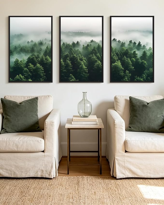KUVIOKE Green Fog Pine Tree Framed Wall Art Nature Nordic Misty Forests Artwork Morden Painting Bedroom Decor 24x36in (Black Framed)