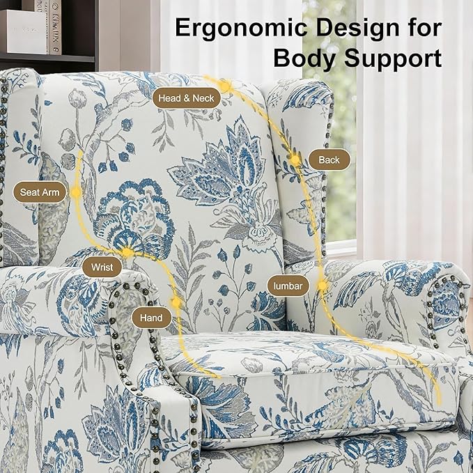 Wingback Chairs Set of 2, High Back Floral Accent Chair in Fabric, Comfy Upholstered Armchair with Nailhead Trim for Living Room, Single Sofa Reading Chair for Small Spaces, Bedroom-Plants Blue