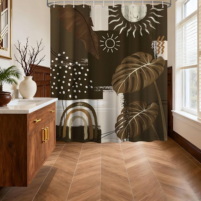Dark Brown Mid Century Modern Shower Curtain Boho Abstract Khaki Earth Tone Shower Curtains for Bathroom Decor Sets, Waterproof Cloth Fabric with Hooks, 70 x 72 Inch