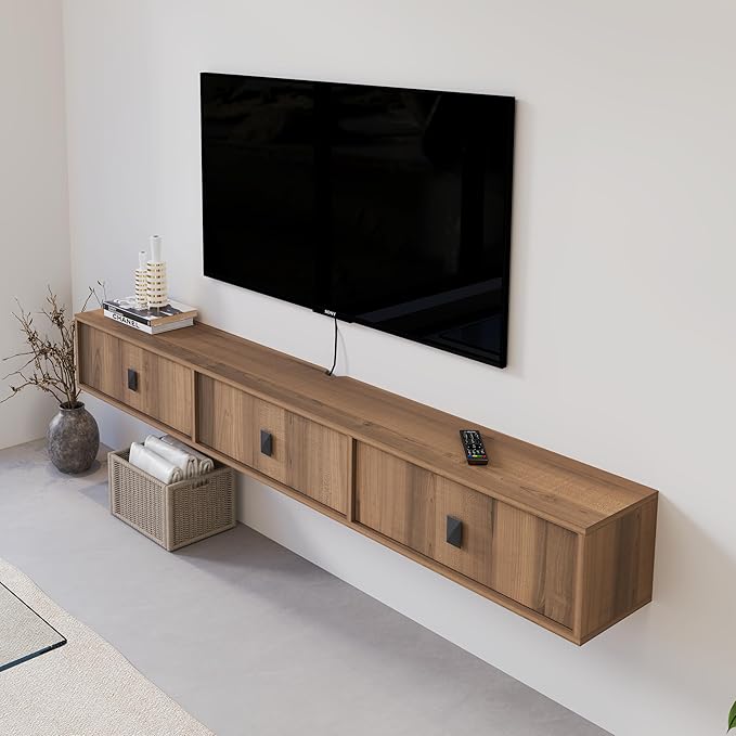 Solid Wood Floating TV Shelf, 63'' Wall Mounted TV Cabinet, Floating Shelves with 3 Doors, Wooden Mid-Century Entertainment Media Console Center Large Storage Under TV (Walnut)