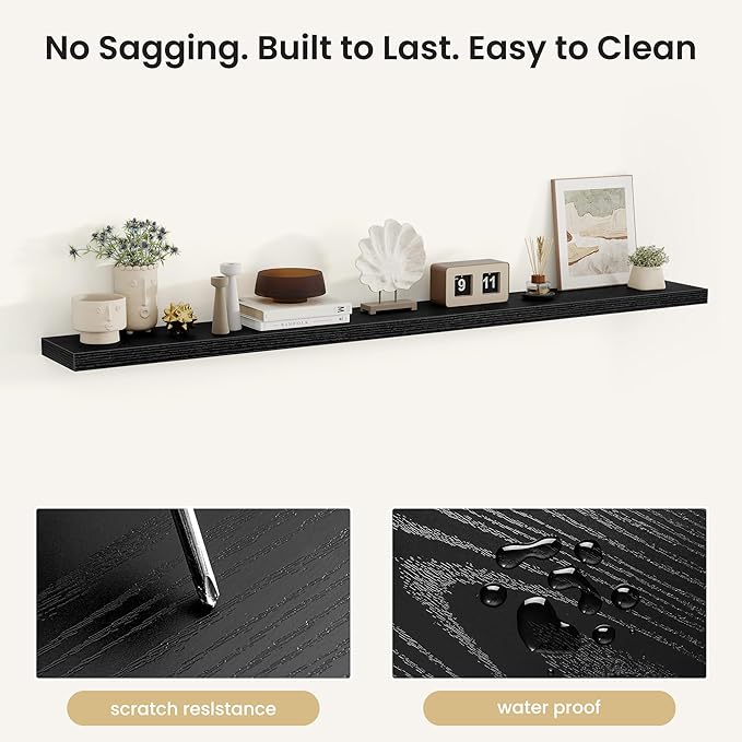 Fun Memories Floating Shelves for Wall, Rustic Wood Wall Mounted Shelves for Bathroom, Bedroom, Living Room & Kitchen, Storage Display Shelves, (Set of 2, Black, 72 in)