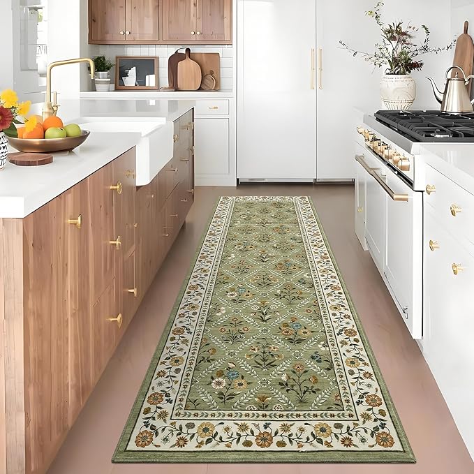 GarveeHome Runner Rug for Hallway Entryway 2.5x8 Farmhouse Floral Non-Slip Machine Washable Kitchen Rug Runner Non-Shedding Low-Pile Soft Long Carpet for Entrance Laundry Room Green
