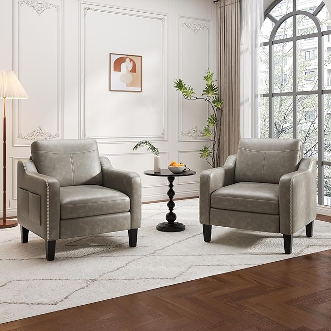 MALOL PU Leather Accent Chair, Mid-Century Modern Living Room Armchair Sofa with Removable Cushions, Solid Wood Frame & Stitched Armrest Design, Bedroom Chair with Plastic Legs, Grey