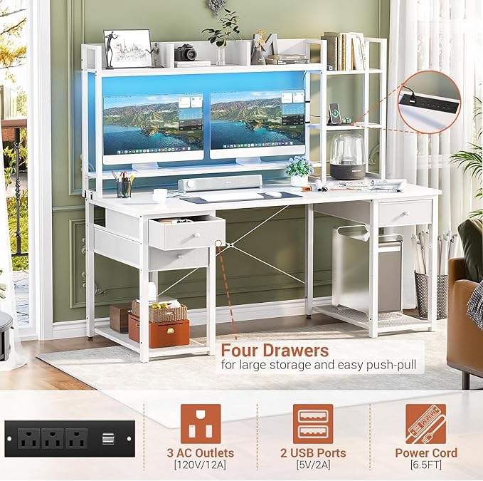 Aheaplus Desk with LED and Outlets, Gaming Desk with Hutch, 55.2'' Computer Desk with Drawers, Reversible Office Desk with Storage Bookshelf Large Workstation Desks with Shelf, Desk for Home, White