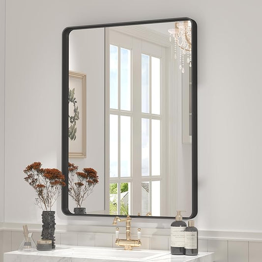 26x36 Inch Black Metal Framed Bathrrom Mirror for Wall, Matte Black Rectangle Mirror, Rounded Corner, Anti-Rust (Horizontal/Vertical)