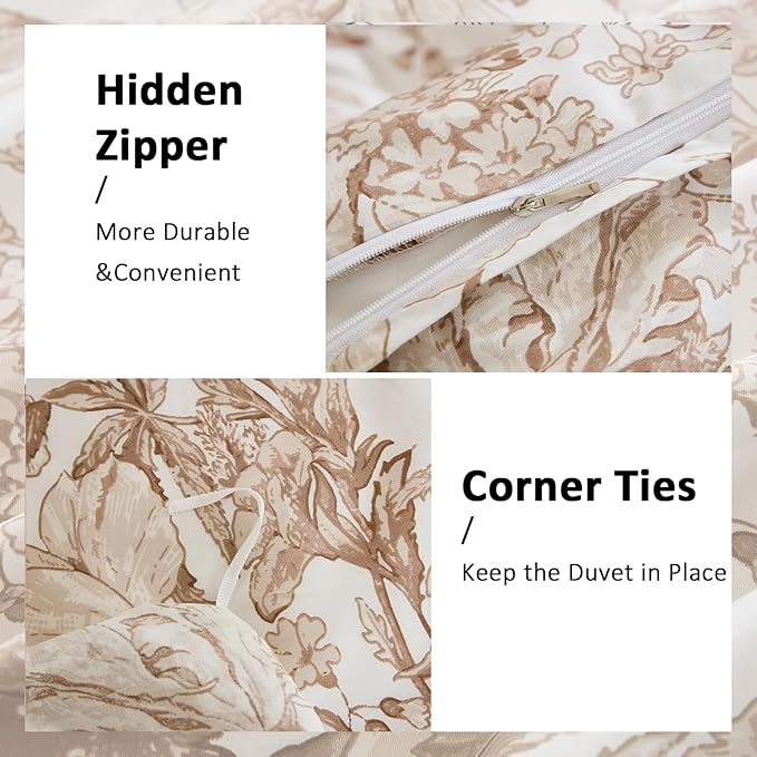Khaki Floral Duvet Cover King Size 100% Cotton Vintage Botanical Duvet Cover Set 3 Pcs Soft Flower Bedding Set Breathable and Lightweight