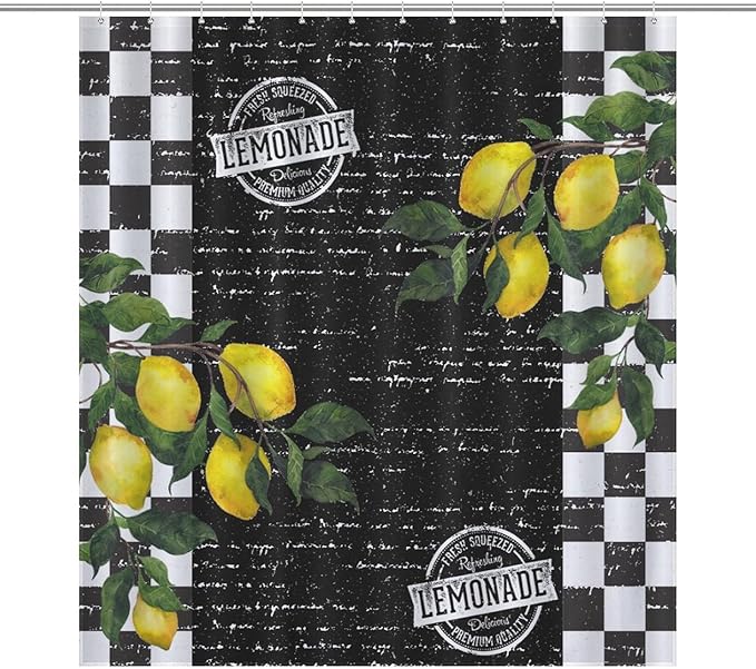 Vintage Lemon Checked Shower Curtains, Black and White Grid Summer Tropical Lemon Waterproof Shower Curtains for Bathroom Decor 12 Pack Hooks 66x72in（168x183cm）