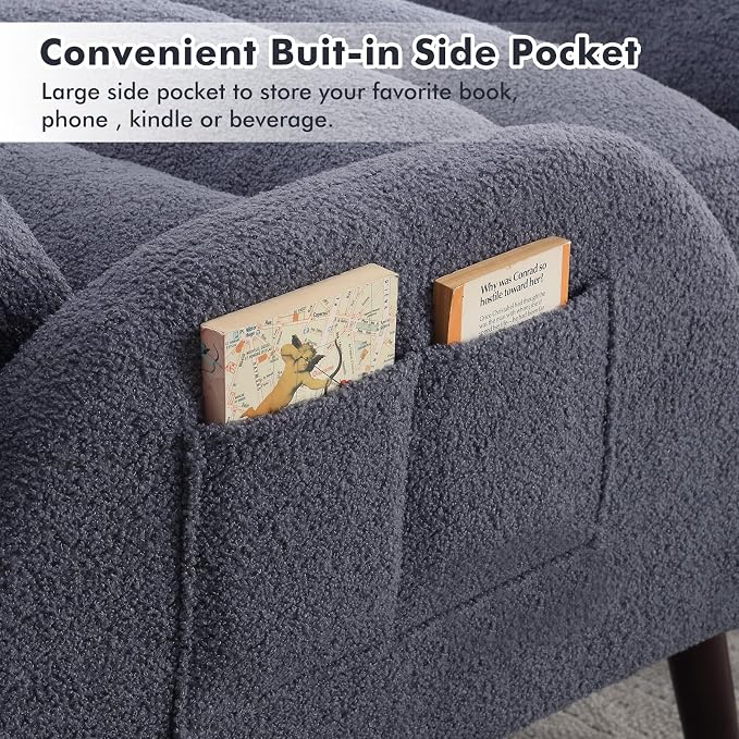 HCHAIRH Accent Chair with Ottoman, Comfy Reading Chair with Ottoman Set, Modern Oversized Velvet Lounge Armchair with Adjustable Backrest for Living Room Bedroom (Teddy Blue Grey)
