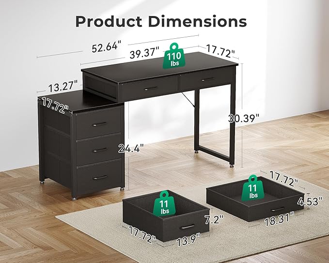 ODK Computer Desk with 5 Drawers, 53 Inch Office Desk with Printer Shelf, Reversible Gaming Desk for Home Bedroom, Writing Table Desk with for Storage, Black