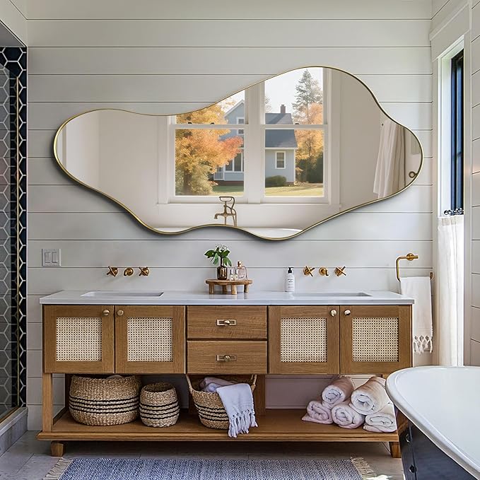 Large Irregular Mirror, 63"x30" Asymmetrical Full Length Mirrors for Dressing, Unique Shaped Mirror Decorative, Gold Abstract Wall Mirrors for Living Room Bathroom Bedroom Hallway Entryway