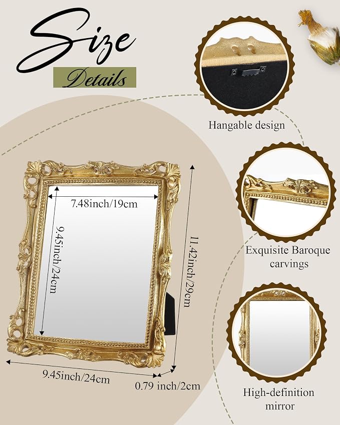 Wonderjune 3 Pcs Vintage Gold Mirror Set Wall Decorative, 8-15in Vintage Wall Mirror Hanging Antique Hanging with Stand for Living Room Home Wedding Decor(Retro Mixed Style, 12in/10in/8in)