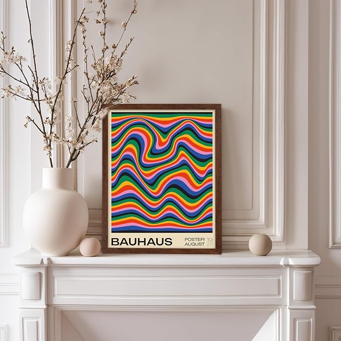 Poster Master Bauhaus Poster - Psychedelic Waves Print - Abstract ART - Rainbow ART - Groovy Style - Chic Boho - Mid Century Modern - Living Room or Bedroom Wall Decor - 8x10 Brown Framed