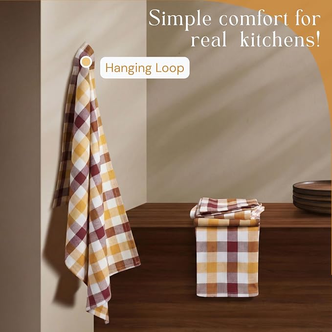 Multicolor Check Kitchen Towels 4 Pack, 100% Cotton Tea Towels, 18"x26" Quick Dry Dish Cloths for Drying Dishes, Reusable, Absorbent - Burgundy Wine, Brown, Mustard Yellow, Natural