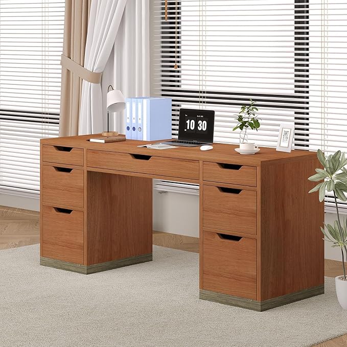 MaverickFurni 54 Inch Executive Desk with Drawers, Computer Desk with 7 Drawers for Bedroom, Office Desk with File Cabinet for Work Study Writing, Small Spaces, Brown