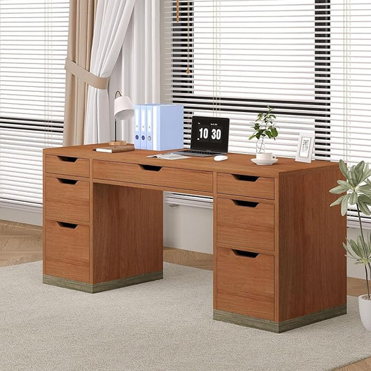 MaverickFurni 54 Inch Executive Desk with Drawers, Computer Desk with 7 Drawers for Bedroom, Office Desk with File Cabinet for Work Study Writing, Small Spaces, Brown