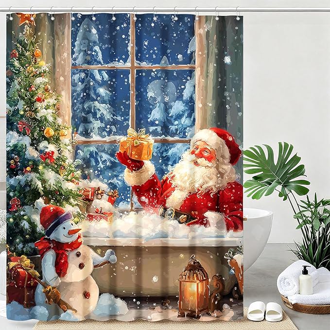 Vintage Christmas Shower Curtain Retro Santa Claus Shower Curtains for Bathroom Waterproof Fabric Bath Curtain Decor with Hooks