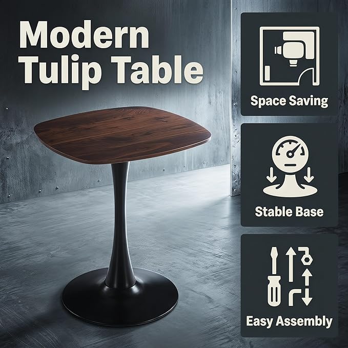 24" Square Tulip Dining Table for 2-4, Small Dining Table with Black Pedestal Base, Dark Walnut Top, Modern Kitchen Table, Bistro Cafe Table for Apartment Small Space Living Room