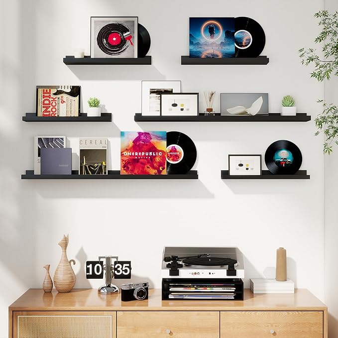 Axeman Picture Ledge Shelf, Floating Shelves for Decor Storage Set of 6, 16 inch Floating Wall Mounted Shelves, Wall Shelves with Lip for Living Room, Bedroom, Nursery, Bathroom, Kitchen, Black