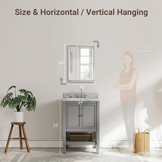Silver Bathroom Mirror, 16''x 24'' Beveled Bathroom Mirror for Wall, Rustproof Rectangle Silver Framed Mirror for Bathroom Vanity, Vertical/Horizontal Easy Installation