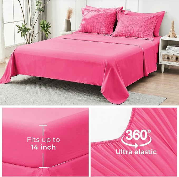 HYMOKEGE Hot Pink King Size Comforter Set Seersucker 7 Pieces, All Season Luxury Bed in a Bag for Bedroom, Bedding Set with Comforter, Sheets, Pillowcases & Shams