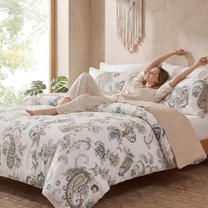 Cozeline 100% Cotton Duvet Cover Queen Size, Green Paisley Bedding Set with Zipper Closure, 3 Pcs Breathable and Soft Duvet Cover for All Season