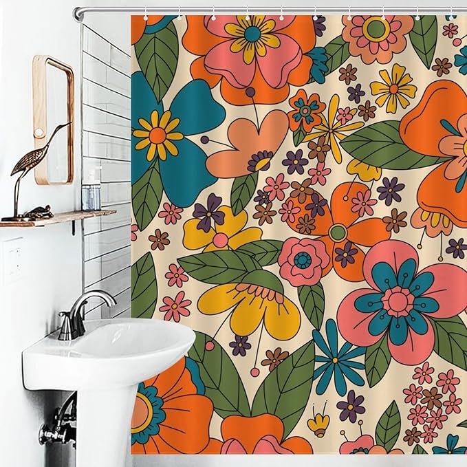 Hippie Floral Shower Curtain, Retro 70s Vintage Orange Daisy Groovy Cute Flower Aesthetic Boho Funky Trippy Colorful Waterproof Fabric Bath Shower Curtain Set with Hooks, 72"x78" Inch