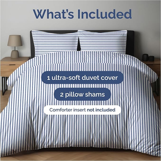 Duvet Cover Full Size - Extra Soft Full Size Duvet Cover - Lightweight & Breathable - Easy Care & Fade Free with Zipper Closures & Ties - 80" x 90" Inches - (Blue Stripes 2) Comforter Not Included
