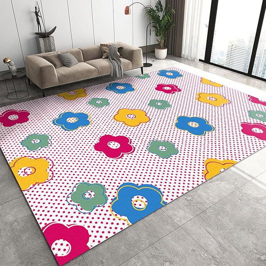 Cartoon Cute Flowers Area Rug, Pink Polka Dot Background Non Slip Decorative Rugs, Breathable Durable Carpet for Indoor Bedroom Living Room Sofa Office Floor Rug - 4 ft x 5 ft
