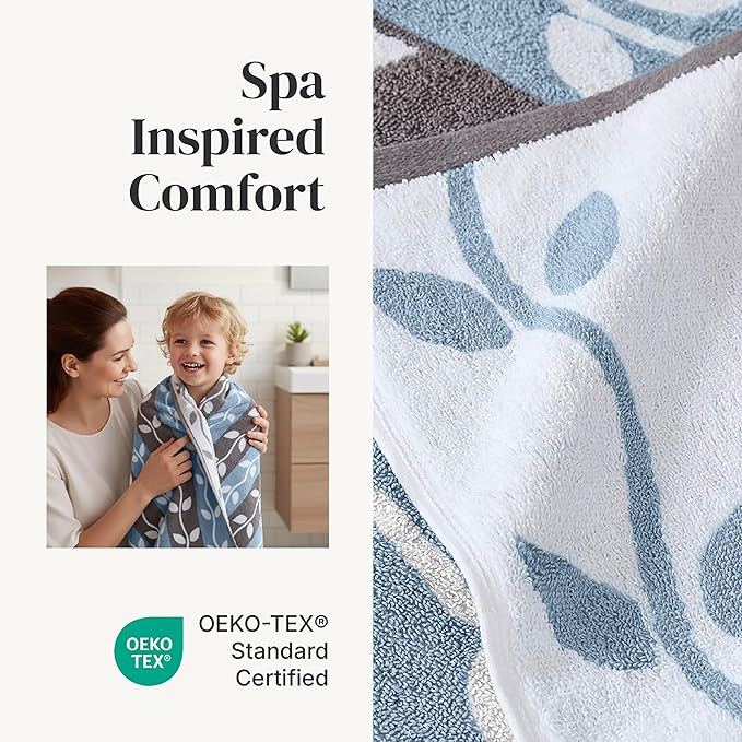 Modern Threads Organic Vines 6-Piece 100% Cotton Towel Set – Yarn Dyed Jacquard & Solid – Includes 2 Bath Towels, 2 Hand Towels, 2 Washcloths – Absorbent, Quick Dry, Soft & Durable – Blue