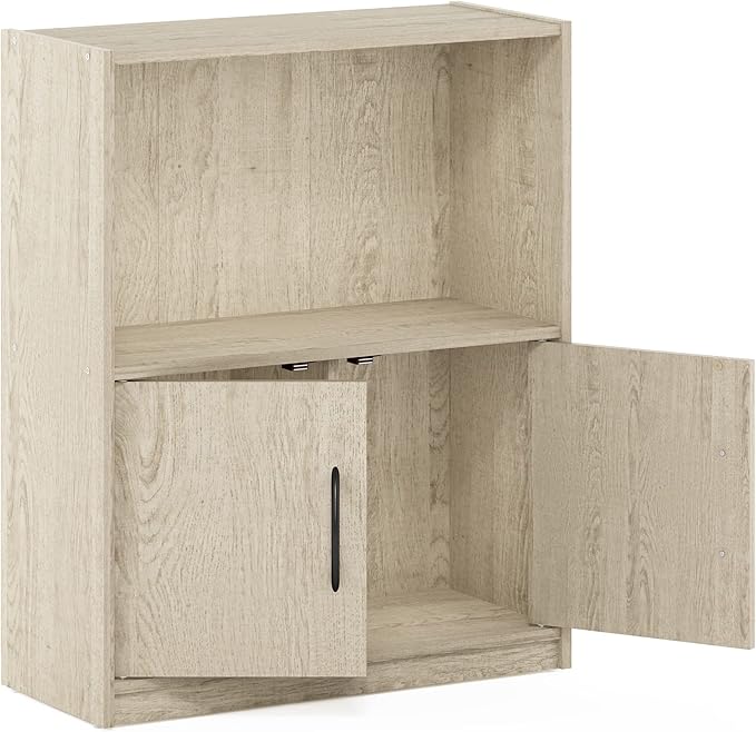Furinno GRUEN Book Shelf, 2-Tier Small Bookshelf, Bookcase with Open Shelf and Doors Storage Cabinet, 9.3 x 21.8 x 27, for Organization, for Living Room, Bedroom, Home Office, Metropolitan Pine