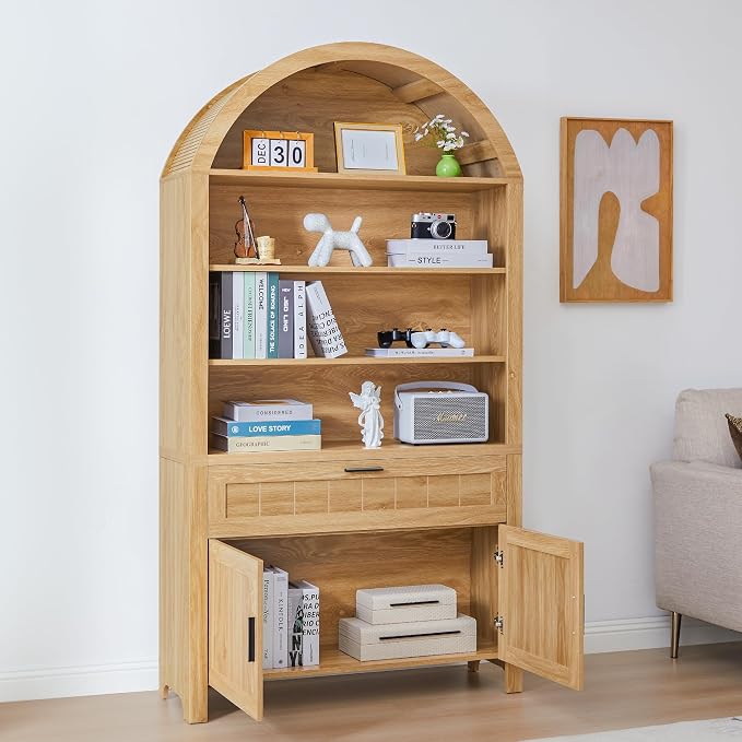 Turtle&Myrtle 73" H Large Arched Bookshelf，5-Tier Arch Bookcase with Doors，Mid Century Modern Book Shelf with Drawers，Wood Bookshelf w/Open Display Shelves for Living Room, Office (Natural)