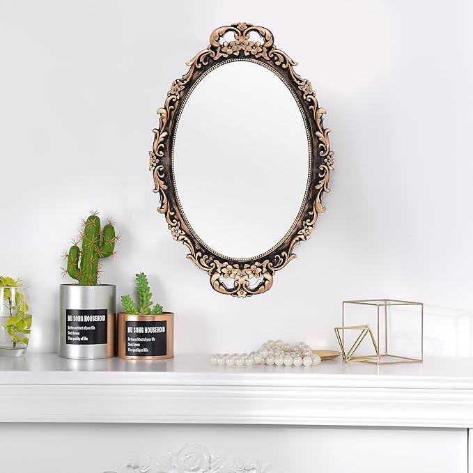 Tstarer Vintage Decorative Gold Framed Mirror, Wall Hanging Mirrors & Tabletop Tray for Bedroom Living Room Dresser Decor, Oval- 9.6" W x 14.3" L (Bronze)