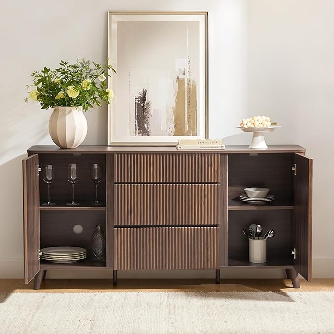 CHITA 62" Sideboard Buffet Cabinet with Storage, Living Room Accent Cabinet with Drawers, Doors and Adjustable Shelves, for Bar, Kitchen, Walnut