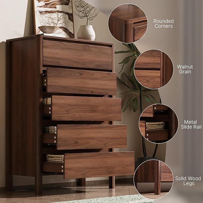 Walnut 5 Drawer Dresser for Bedroom, Modern Tall Dresser with Hidden Handles, Space-Saving Wooden Drawer Organizer, Living Room, or Hallway, Vertical Storage Chest of Drawers, 45.7" H