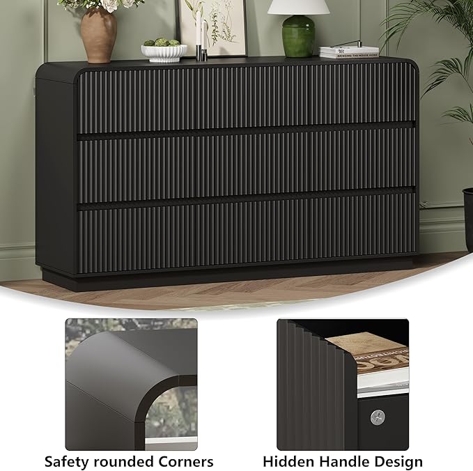 Black Dresser Fluted 9 Drawers Dresser for Bedroom, 59" Wide Wood Chest of Drawers with Hidden Handles & Rounded Corners, Modern TV Stand Storage Cabinet for Living Room, Hallway, Entryway