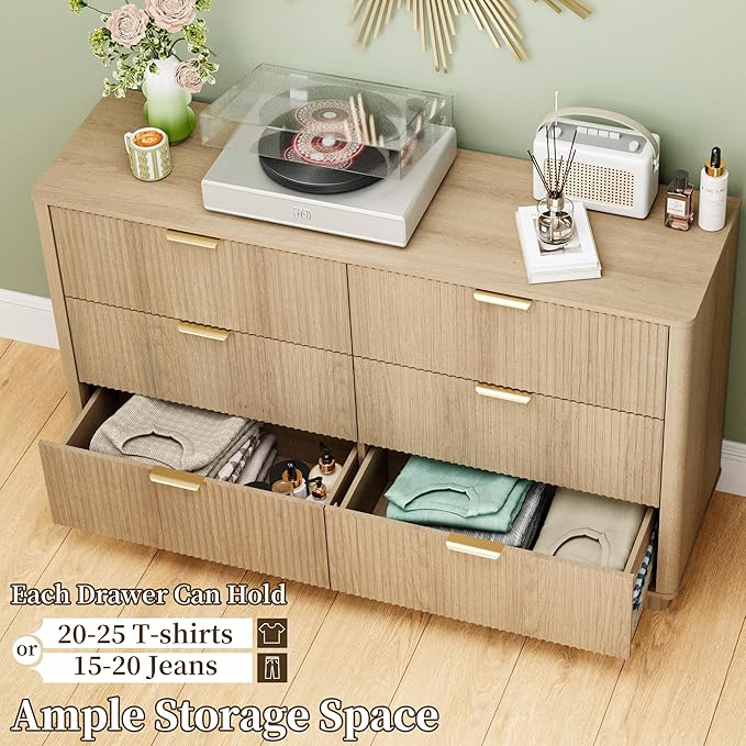 Fluted Dresser for Bedroom with 6 Drawers, 54" Wide Modern Chest of Drawers with Lighting, Wooden Dresser TV Stand with Curved Edges, Closet Organizer for Living Room, Hallway,Natural