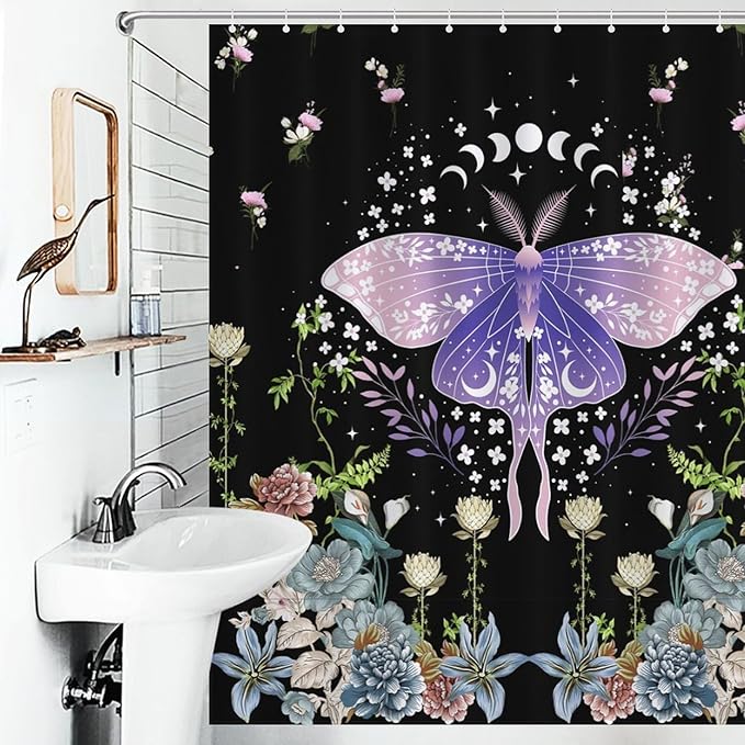 Floral Moth Moon Shower Curtain, Nature Aesthetic Flower Phase of The Moon Artistic Design Waterproof Shower Curtains for Bathroom Decor 12 Pack Hooks 66x72in（168x183cm）