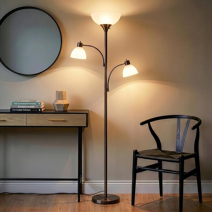 Brightech Sky Dome Double LED Floor lamp, Torchiere Super Bright Floor Lamp with 2 Reading Lamps for Living Rooms & Offices - Dimmable Tall Standing Lamp for Bedroom Reading - Bronze