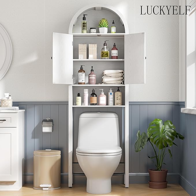 White Over The Toilet Storage Cabinet with Fluted Doors, Arched Bathroom Cabinet with Adjustable Shelf, 4 Tier Small Bathroom Shelf Organizer, Narrow Slim Toilet Rack, Wood, Anti-Tipping Device