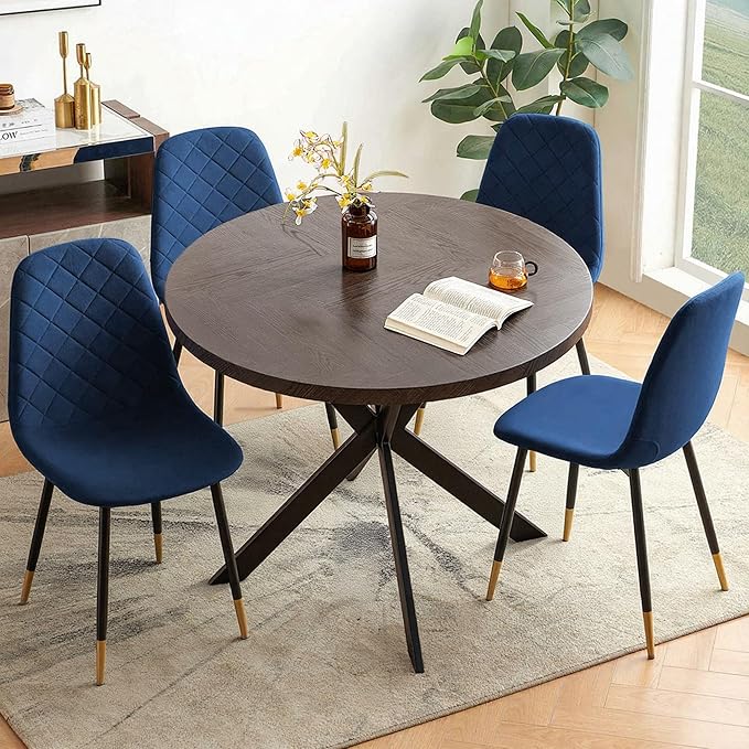Mid Century Black Round Dining Table Set for 4, 37" Modern Small Kitchen Circle Table & 4 Velvet Side Chairs, Space Saving, Dinette for Home, Apartment, Dining Room, Navy Blue