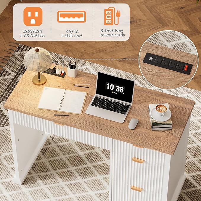 47" Farmhouse Executive Desk, Home Office Desk with Drawers and Charging Station, Wood Home Office Desk, Fluted Computer Writing Desk for Study, Living Room, Bedroom